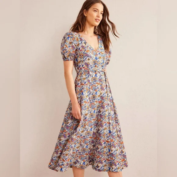Boden Linen Blend Midi Dress Puff Sleeve A-Line Floral Boho Print V-Neck Size 14 - Picture 16 of 16